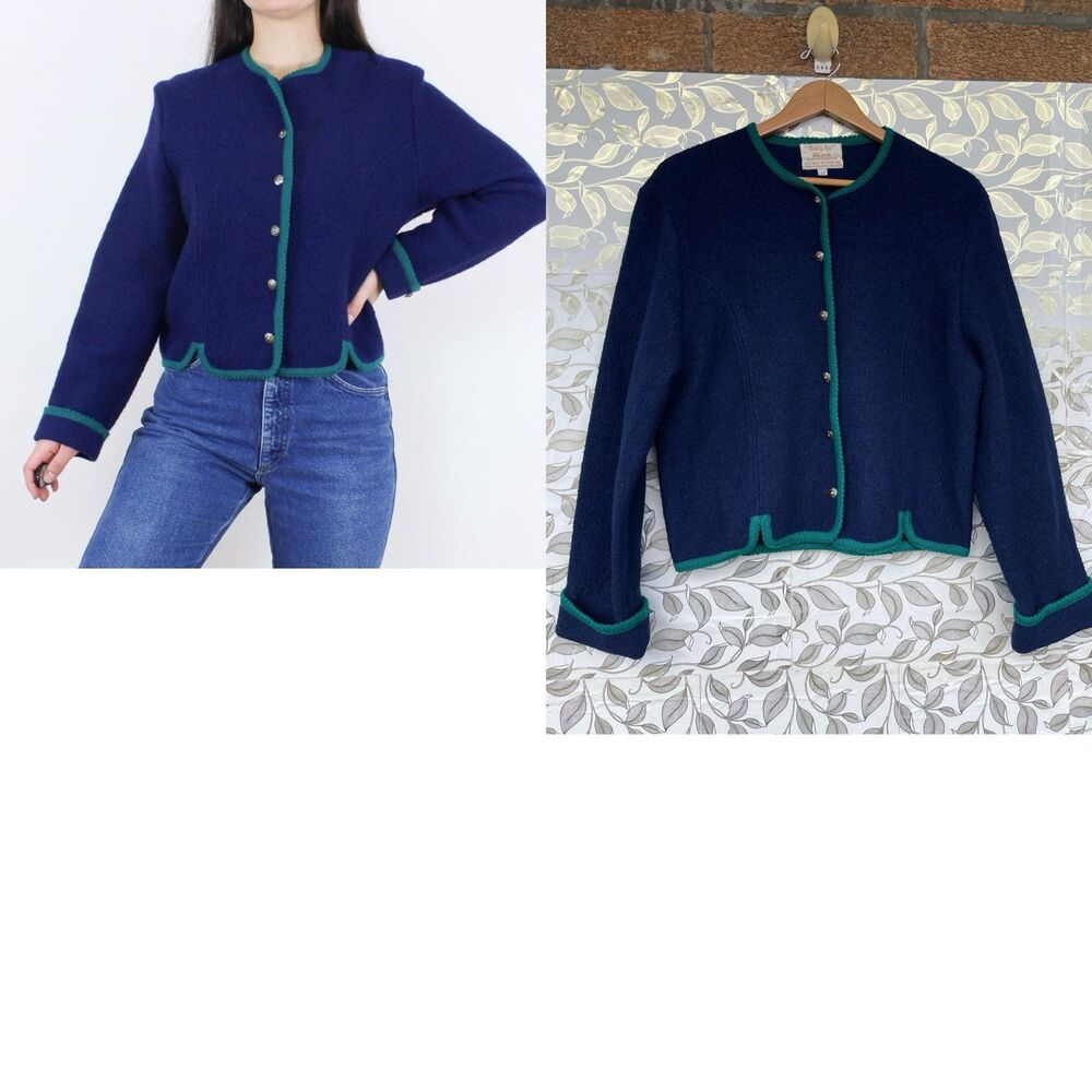Vintage Tally-Ho Wool Loden Jacket Cardigan Size 12 Navy Green Ornate Buttons
